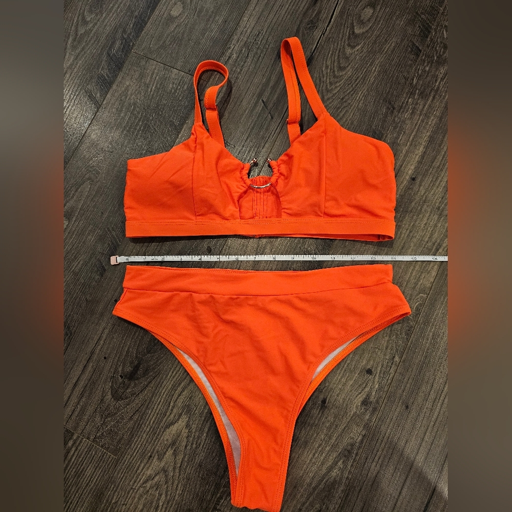 sz L Orange keyhole cutout gold accent high waist hi cut bikini Spring Break
